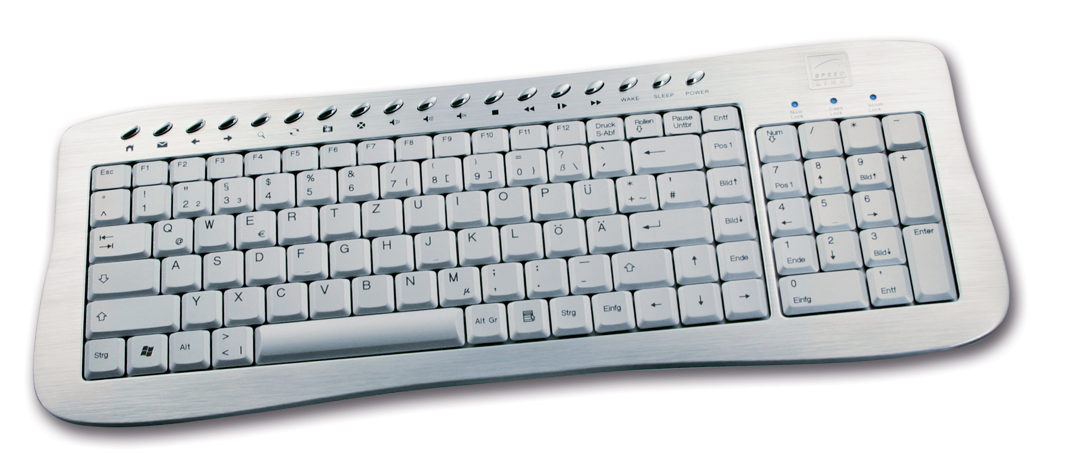 Moderne silberne Tastatur mit deutschem QWERTZ-Layout und zusätzlichen Funktionstasten für Multimedia