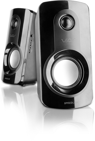 Zwei schwarze SPEEDLINK VEOS Lautsprecher mit modernem Design, ideal zur Soundwiedergabe am Computer