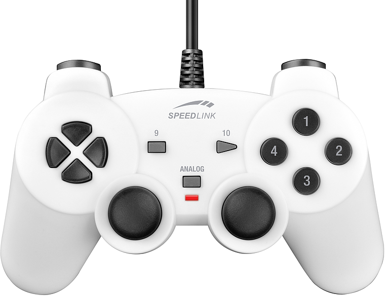 Weißes Speedlink USB Gamepad mit zwei Analog-Sticks, Steuerkreuz und nummerierten Tasten