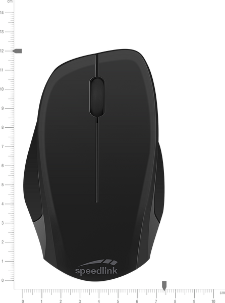 Schwarze, ergonomische Speedlink Computermaus, kabellos, mit zwei Tasten und Scrollrad, auf weißem Hintergrund mit Maßangaben abgebildet