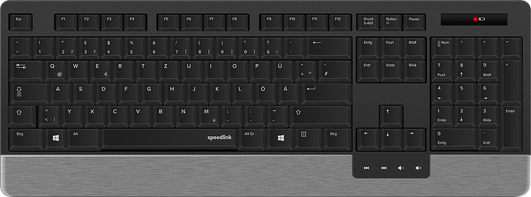 Schwarze Speedlink Tastatur mit deutschem QWERTZ-Layout, Ziffernblock und silberner Handballenauflage