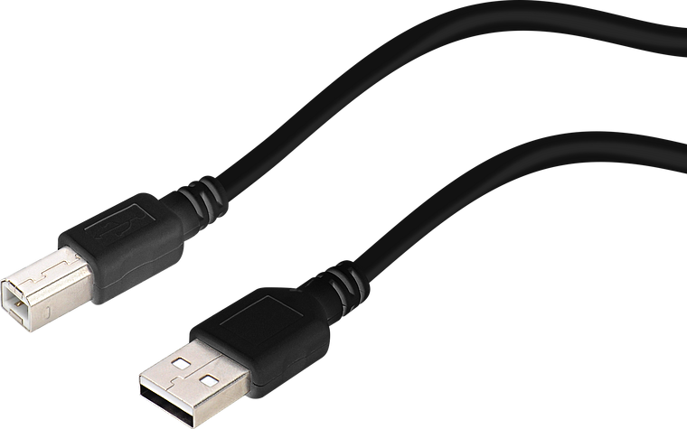 Schwarzes USB-Kabel mit Stecker Typ A und Typ B, geeignet für Drucker und andere Geräte