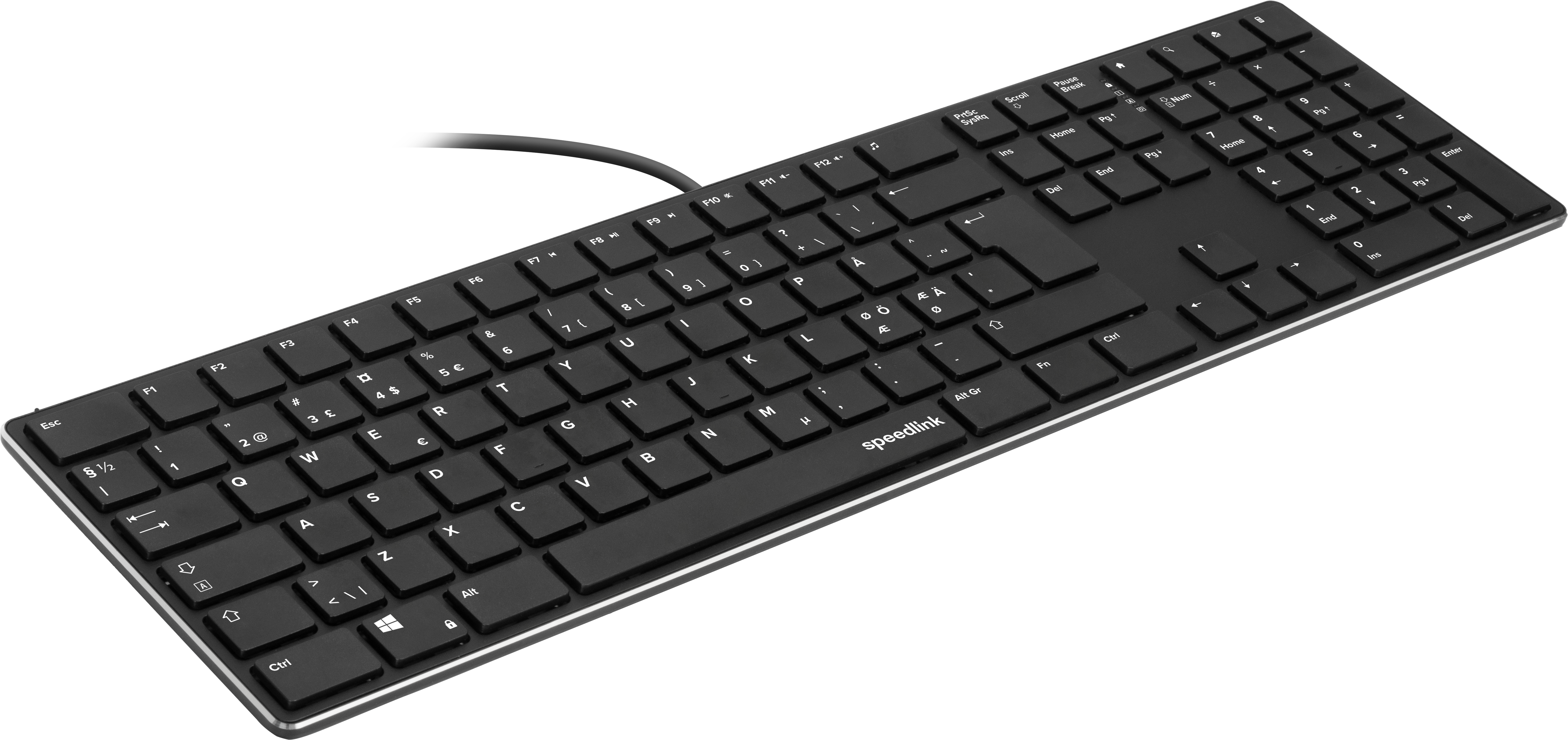 Flache, schwarze Speedlink USB-Tastatur mit vollständigem Tastenfeld und Ziffernblock, geeignet für Büro- und Heimgebrauch