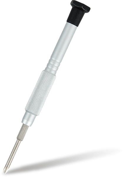 Ein silberner Präzisionsschraubendreher mit schwarzem Drehkopf, geeignet für Uhrmacher- und Elektronikreparaturen