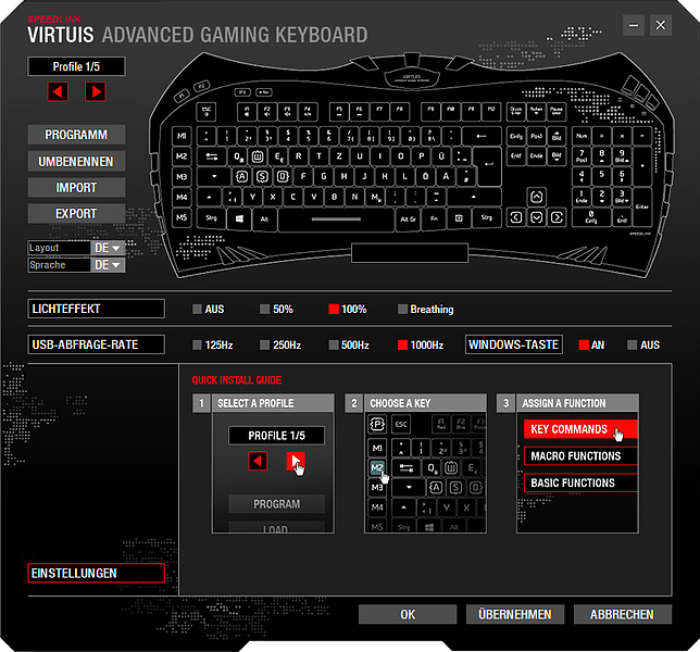 Screenshot der Konfigurationssoftware für die Speedlink Virtuis Advanced Gaming Keyboard mit Optionen zur Profileinstellung, Tastenzuweisung und Anpassung von Lichteffekten und USB-Abfragerate.