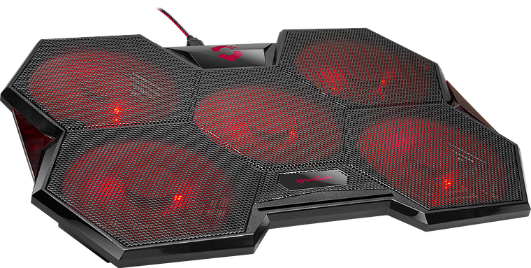 Schwarzer Speedlink Laptop-Kühler mit fünf integrierten Lüftern und roter LED-Beleuchtung zur besseren Kühlung von Notebooks