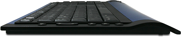 Seitenansicht einer flachen, schwarzen Computertastatur mit ergonomischer Form und zusätzlichen Funktionstasten