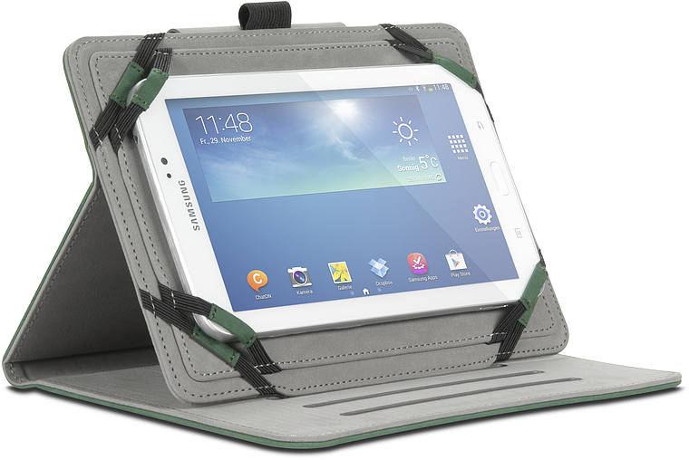 Samsung Galaxy Tab in grauer Hülle mit Standfunktion, Bildschirm eingeschaltet und aufgestellt