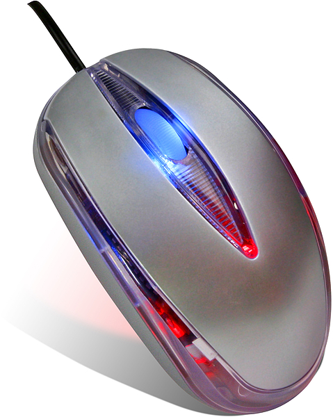 Silberne optische Computermaus mit blauer und roter LED-Beleuchtung und ergonomischem Design