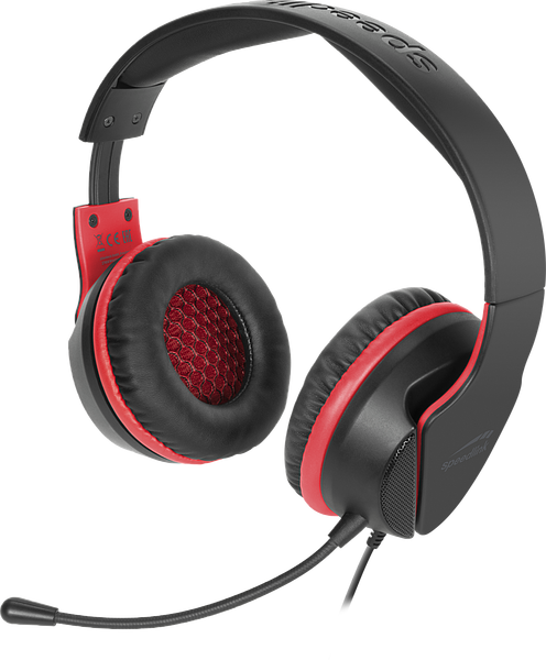Schwarzes und rotes Gaming-Headset mit gepolsterten Ohrmuscheln und flexiblem Mikrofon