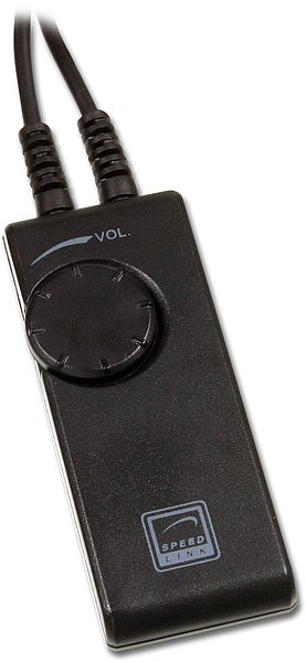 Schwarzer Speedlink Lautstärkeregler mit großem Drehknopf und zwei Kabelanschlüssen