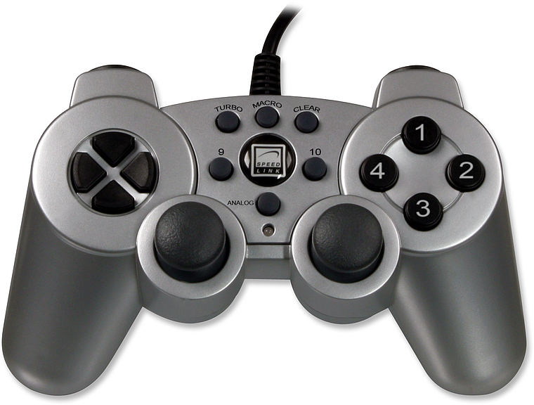 Silbernes Speedlink Gamepad mit zwei Joysticks, Steuerkreuz und mehreren Funktionstasten, geeignet für PC oder Konsole