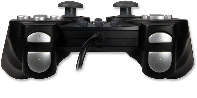 Vorderansicht eines schwarzen kabelgebundenen Controllers mit silbernen Schultertasten und zwei Analogsticks