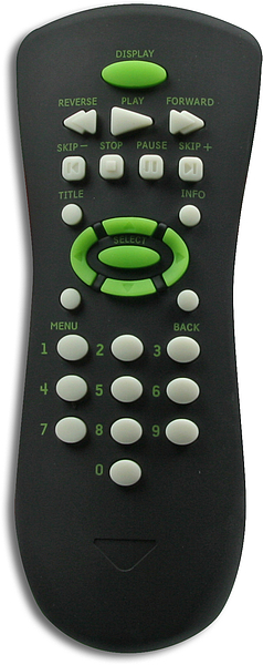 Abbildung einer schwarzen Fernbedienung mit grün-weißen Tasten, geeignet für Fernseher oder Multimedia-Geräte