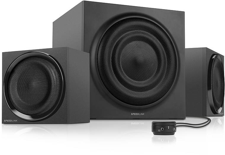 Modernes SPEEDLINK 2.1 Lautsprechersystem mit Subwoofer und zwei Satellitenlautsprechern, ideal für Computer und Heimgebrauch