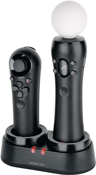 Schwarze Speedlink Ladestation mit zwei PlayStation Move Controllern, einer mit Kugel und Tasten