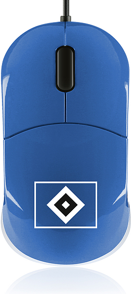 Blaue Maus mit Hamburger SV Logo auf der Oberseite, von oben fotografiert