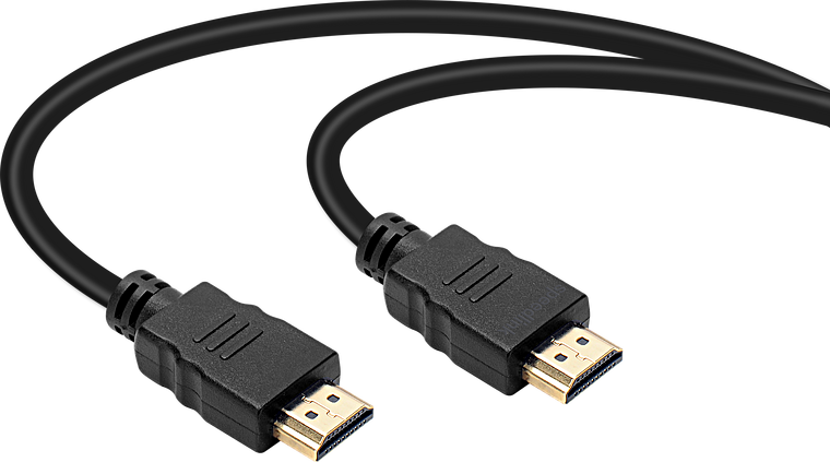 Schwarzes HDMI-Kabel mit beidseitigen vergoldeten Steckern zur Verbindung von elektronischen Geräten