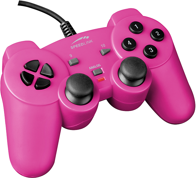Pinkes Speedlink USB Gamepad mit zwei Analog-Sticks und mehreren Tasten, geeignet für PC oder Konsole
