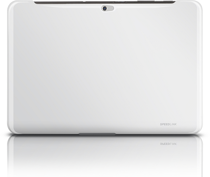Weiße Tablet-Rückseite mit integrierter Kamera und SPEEDLINK-Logo