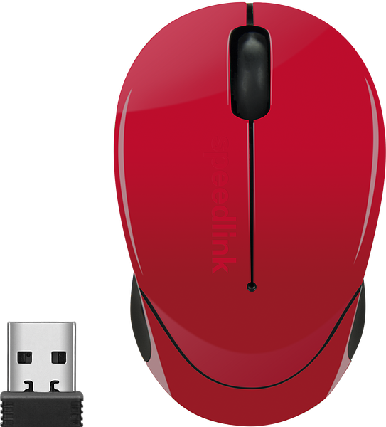 Rote Funkmaus mit USB-Dongle, Ansicht von oben, geeignet für Computer und Laptop