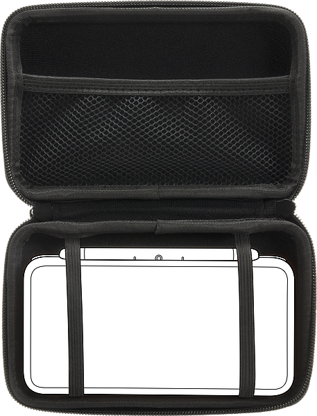 Schwarze Hartschalen-Schutztasche für eine tragbare Spielkonsole mit separatem Netzfach für Zubehör