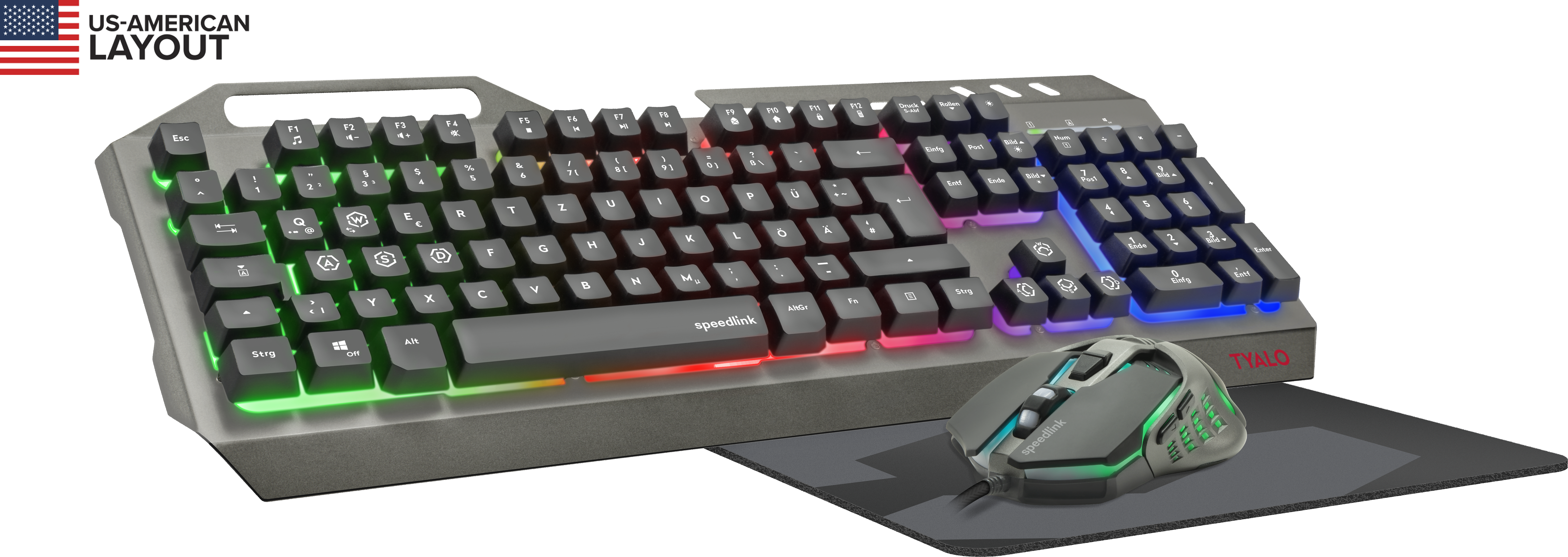 RGB-beleuchtete Gaming-Tastatur Speedlink TYALO im US-Layout mit dazugehöriger Gaming-Maus auf Mauspad