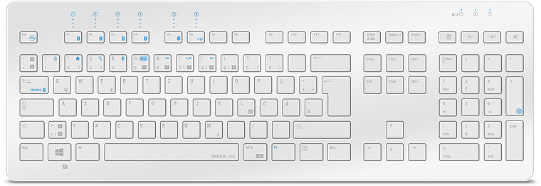 Abbildung einer weißen kabellosen Tastatur mit deutschem QWERTZ-Layout und flachen Tasten