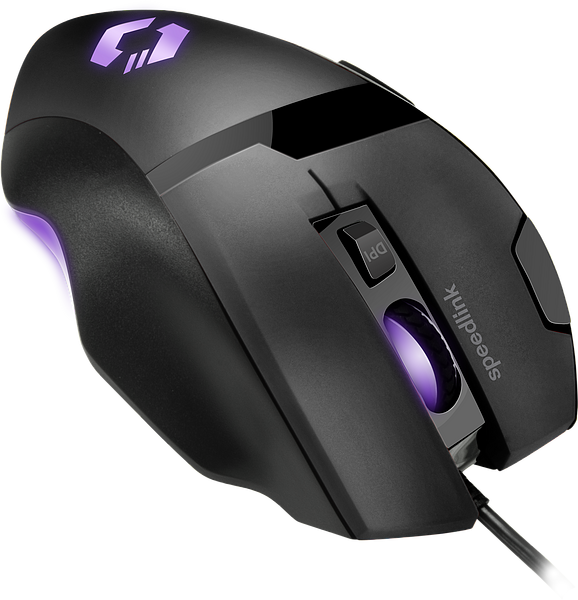Schwarze Gaming-Maus von speedlink mit lila Beleuchtung, ergonomischer Form und seitlichen Funktionstasten