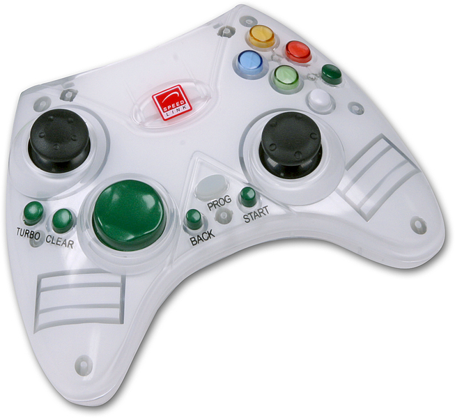 Transparenter Speedlink Gamepad Controller mit zwei Joysticks und bunten Tasten, Rückansicht auf weißem Hintergrund