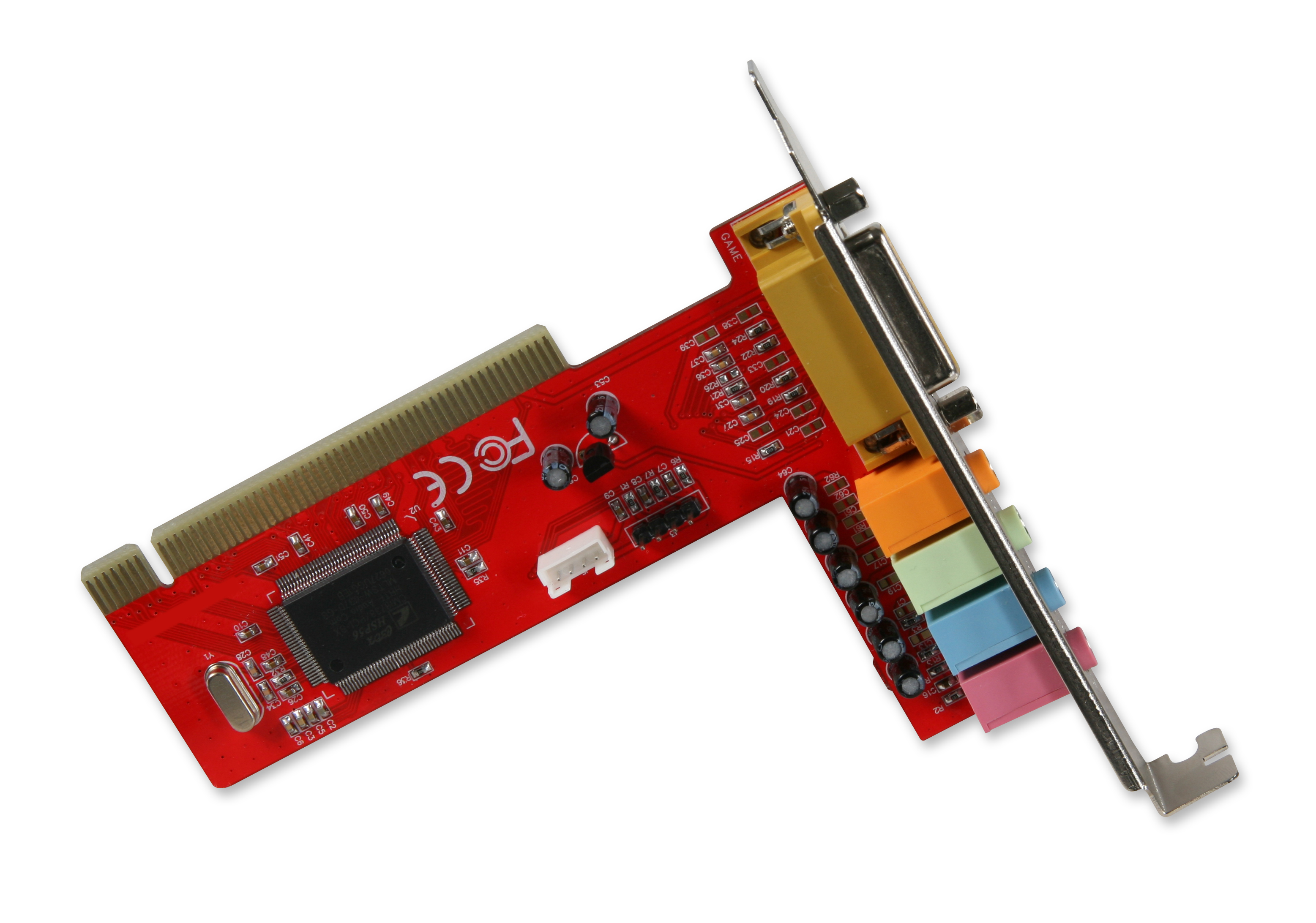 Rote interne PCI Soundkarte mit verschiedenen farbigen Audioanschlüssen und Metallblende für Computer