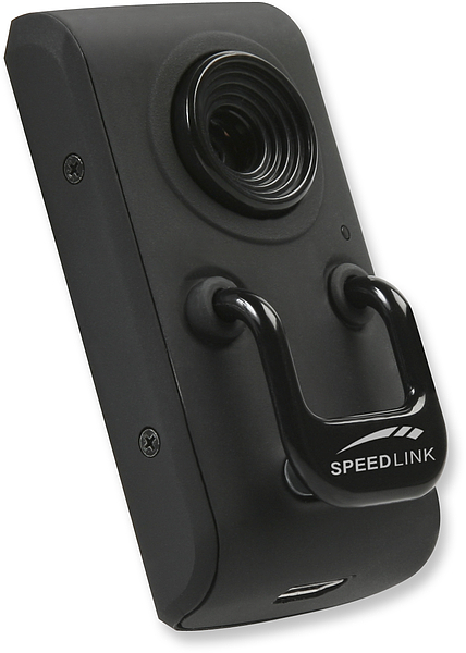 Schwarze SPEEDLINK USB-Webcam mit integriertem Mikrofon und praktischem Clip zur Befestigung an Monitoren