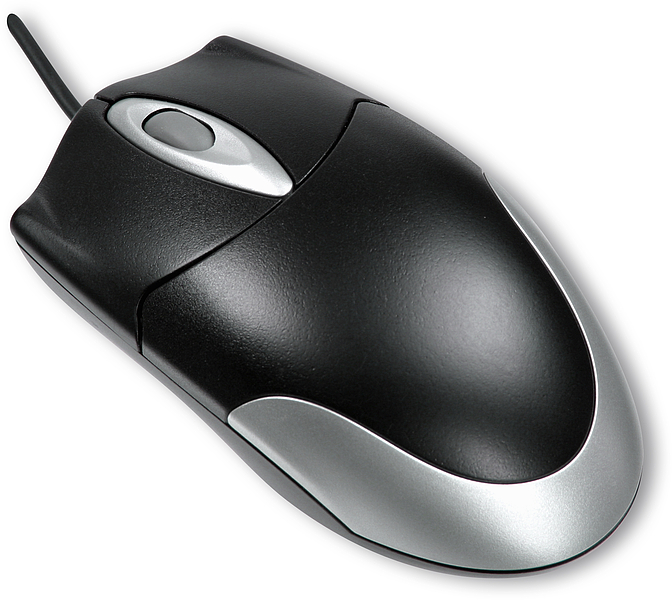 Schwarz-silberne kabelgebundene Computermaus mit ergonomischem Design, von oben fotografiert