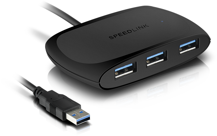 Schwarzer Speedlink USB 3.0 Hub mit vier Anschlüssen und angeschlossenem USB-Kabel, geeignet für PC und Laptop