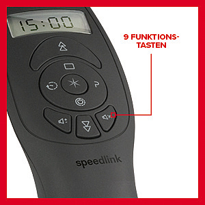 Detailansicht einer Speedlink Präsentationsfernbedienung mit 9 Funktionstasten und LCD-Display