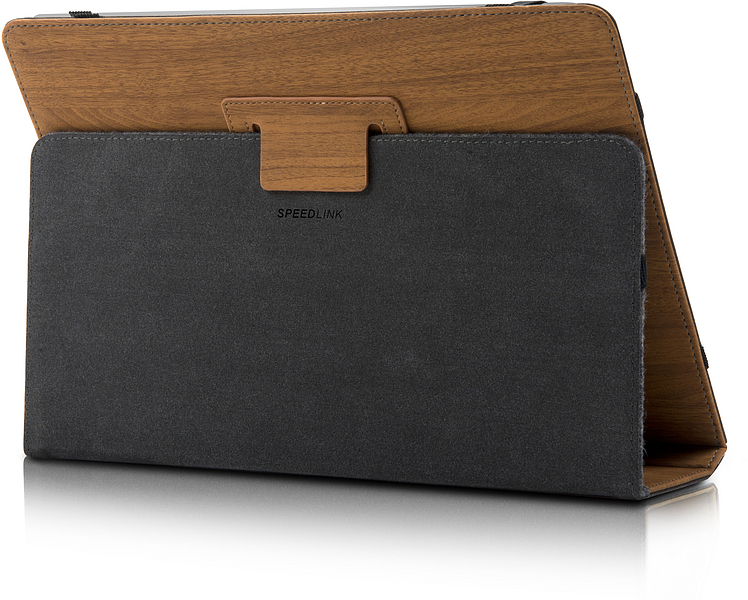 Rückseite einer SPEEDLINK Tablet-Hülle in Holzoptik mit Standfunktion, Abdeckung aus Stoff, Funktion als Tablet-Ständer