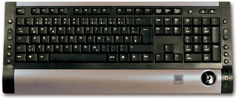 Schwarze und silberne PC-Tastatur im QWERTZ-Layout mit ergonomischer Handballenauflage und Funktionstasten