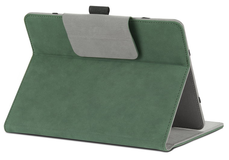 Aufgestellte grüne Tablet-Hülle mit grauem Innenteil, Rückseite sichtbar, praktische Standfunktion