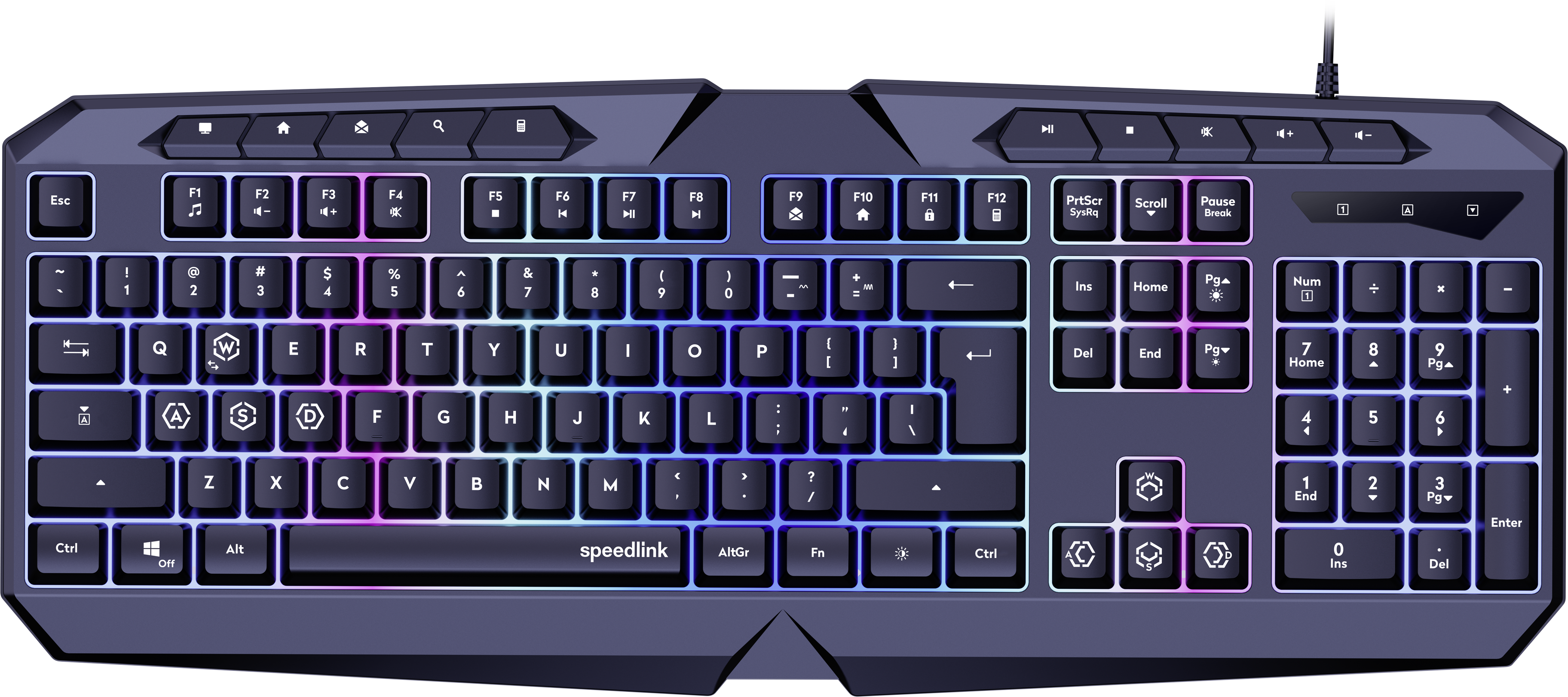 Beleuchtete Speedlink Gaming-Tastatur mit RGB-Lichtern, abgesetzten Multimedia-Tasten und robustem Design