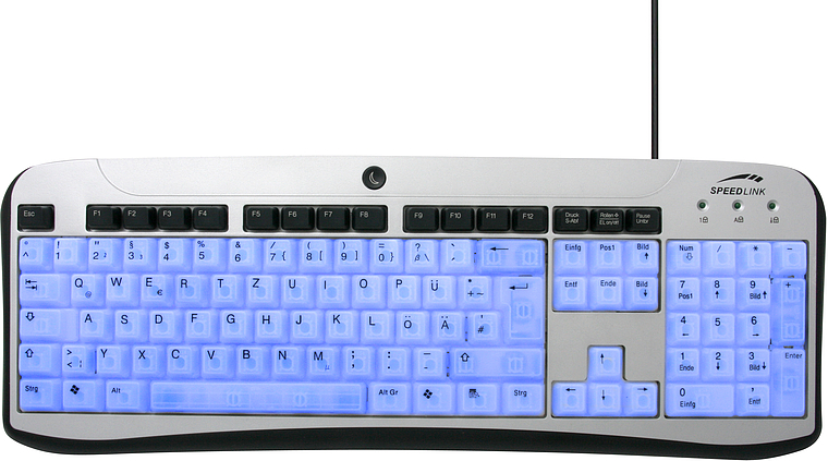 Beleuchtete Speedlink USB-Tastatur mit deutschem QWERTZ-Layout und blauer LED-Beleuchtung
