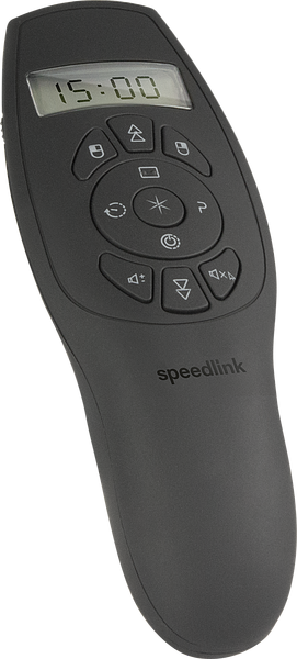 Schwarzer Speedlink Presenter mit LCD-Display und mehreren Bedientasten für Präsentationen