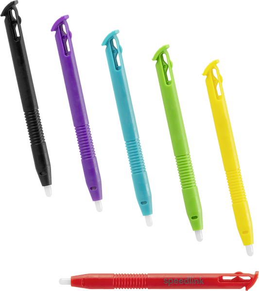 Sechs Stylus-Pens in Schwarz, Lila, Blau, Grün, Gelb und Rot für die Bedienung von Touchscreens