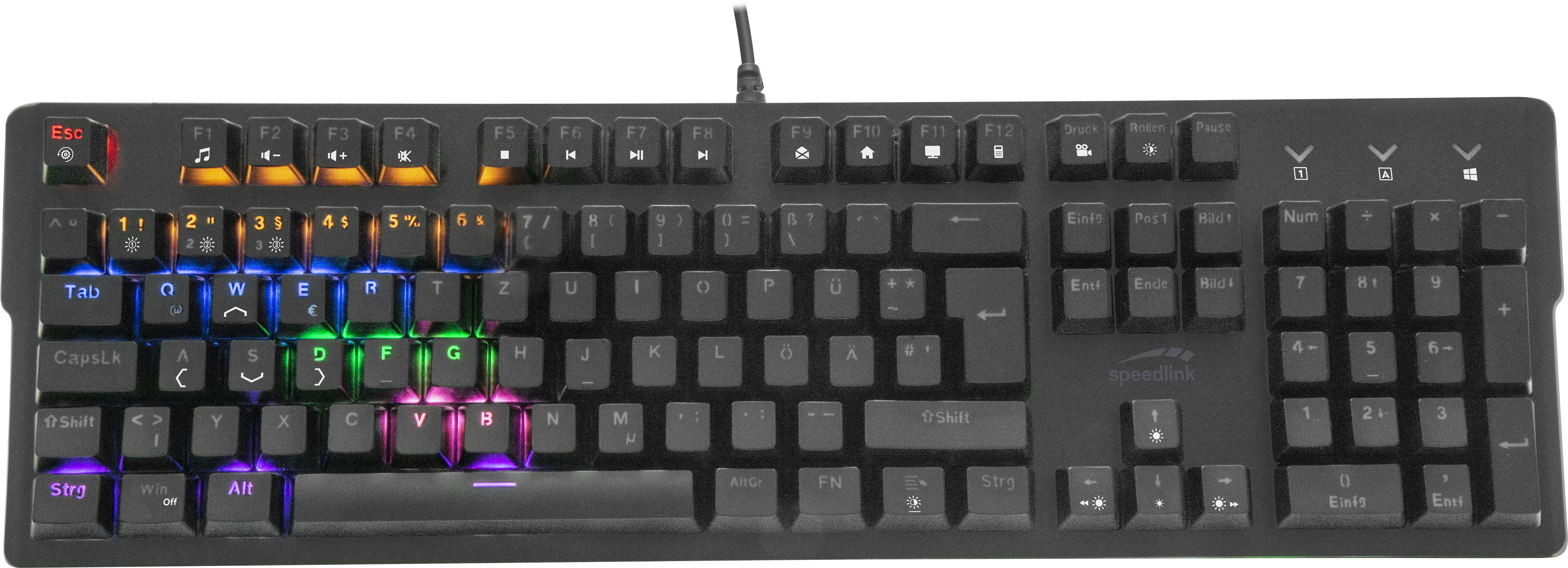 Abbildung einer beleuchteten Gaming-Tastatur mit RGB-Farben und Multimedia-Tasten, ideal für PC-Anwendungen