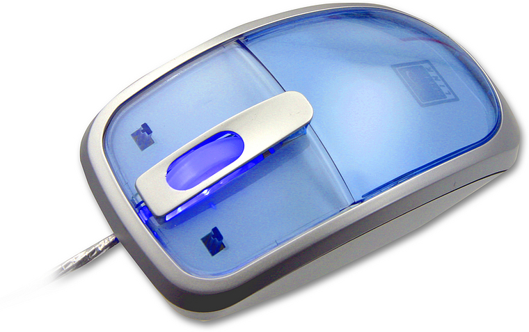 Moderne Kabelmaus mit transparent-blauem Gehäuse und ergonomischem Design