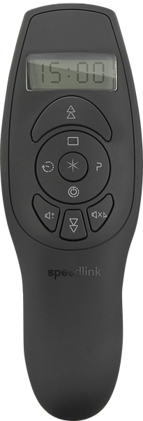 Schwarze Speedlink Präsentationsfernbedienung mit Display und verschiedenen Funktionstasten für Präsentationen