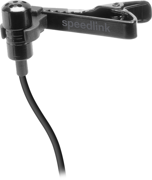 Schwarzes Speedlink Ansteckmikrofon mit praktischem Befestigungs-Clip und Kabel für einfache Nutzung an PC oder Laptop