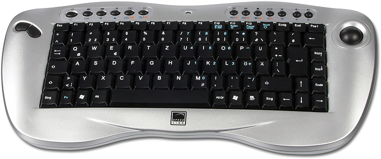 Moderne kabellose Tastatur in Silber mit schwarzem Tastenfeld, integriertem Trackball und Funktionstasten