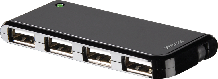 Schwarzer SPEEDLINK USB-Hub mit vier USB-Anschlüssen, geeignet zum Erweitern der USB-Ports am PC oder Laptop
