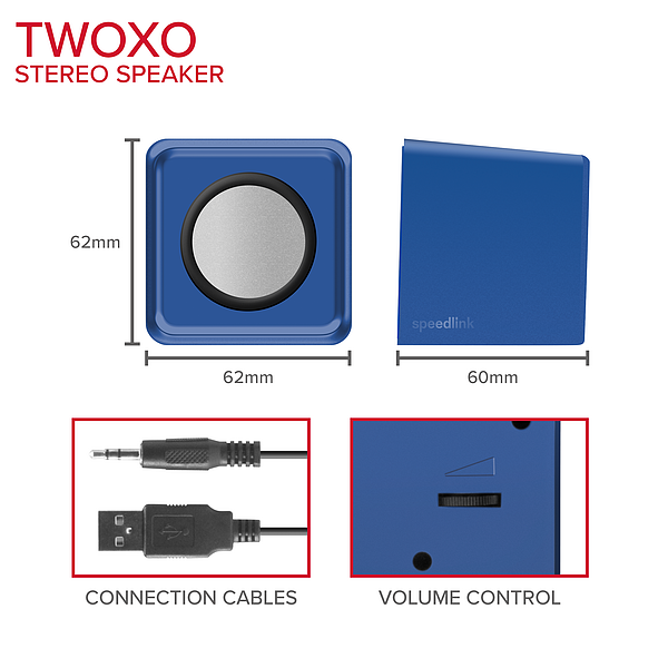 Produktbild des TWOXO Stereo Lautsprechers in Blau mit Maßen 62x62x60mm, Anschlusskabeln (USB und Klinke) und Lautstärkeregler