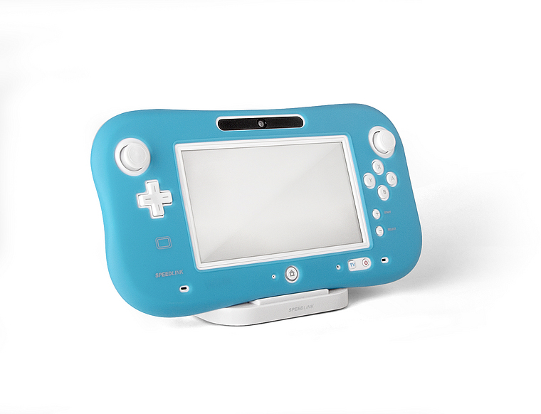 Blauer Gaming-Controller mit Touchscreen und diversen Steuerelementen, auf einer Ladestation stehend